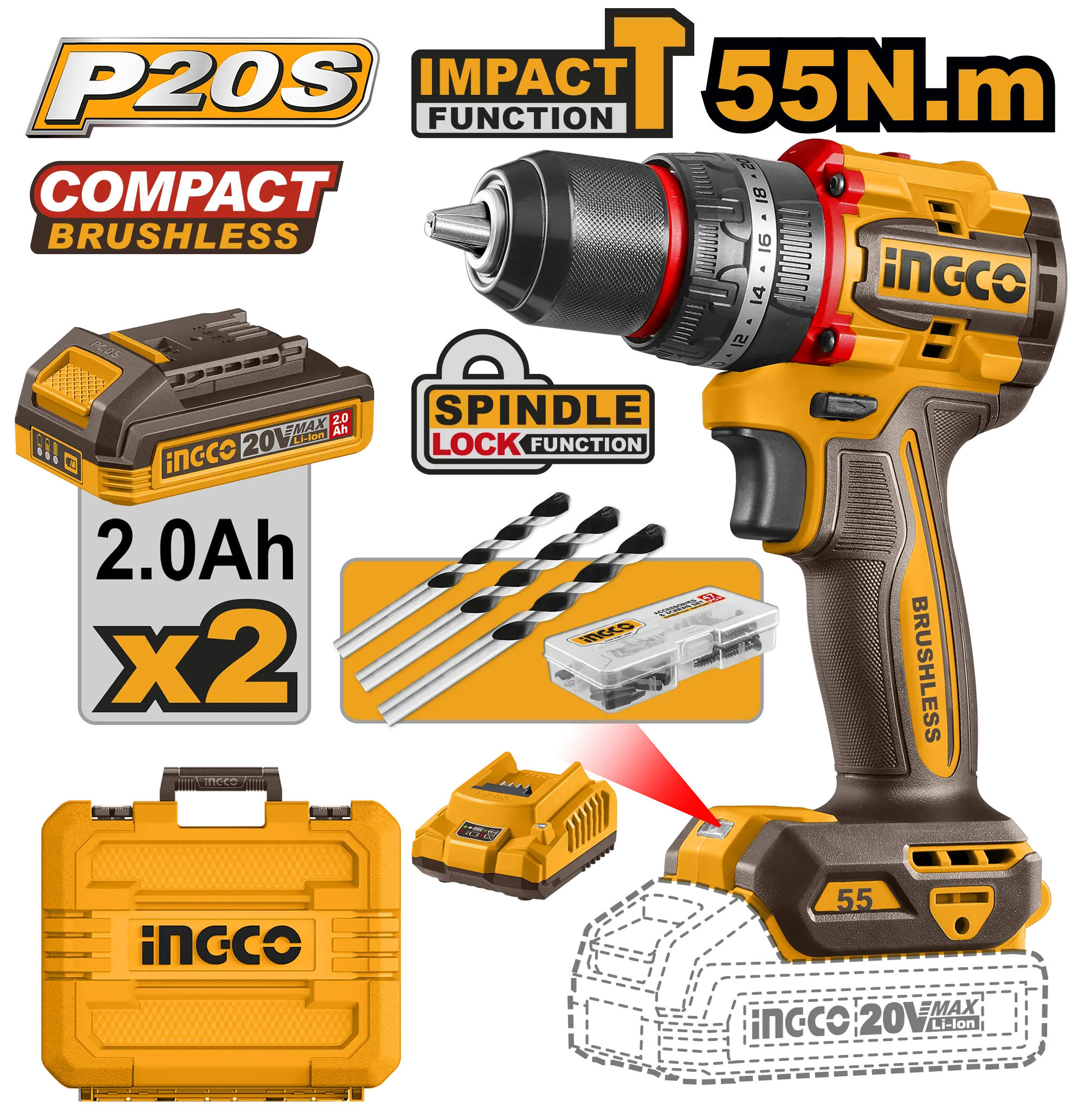 TALADRO DE IMPACTO 1/2" BL 20V 55N.M + 2 BAT 2.0AH + CARG + MALETA INGCO