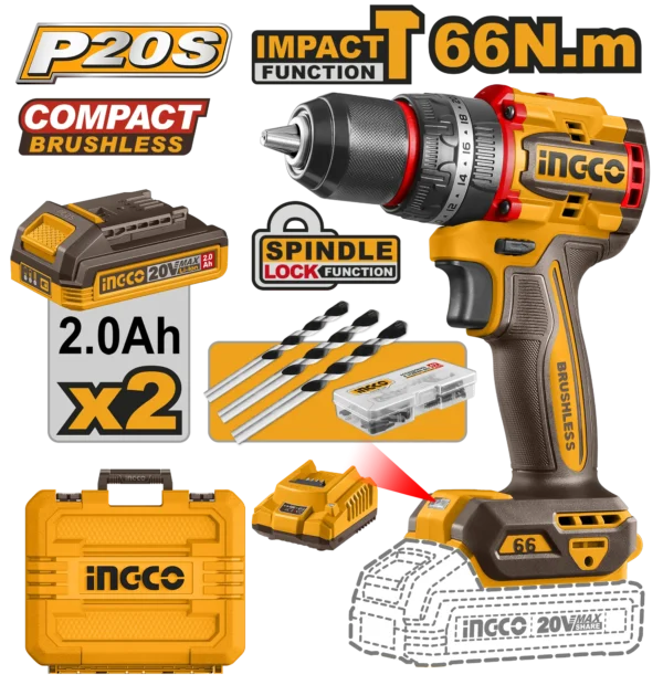 TALADRO DE IMPACTO 1/2" BL 20V 66N.M + 2 BAT 2.0AH + CARG + MALETA