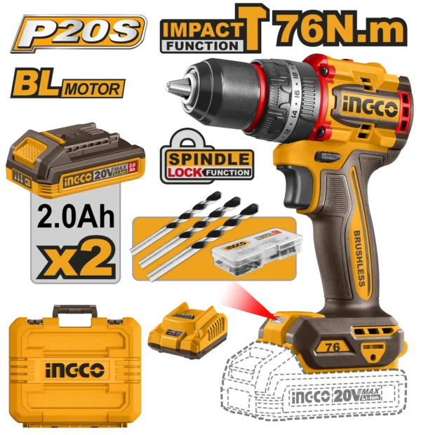 TALADRO DE IMPACTO 1/2" BL 20V 76N.M + 2 BAT 2.0AH + CARG + MALETA