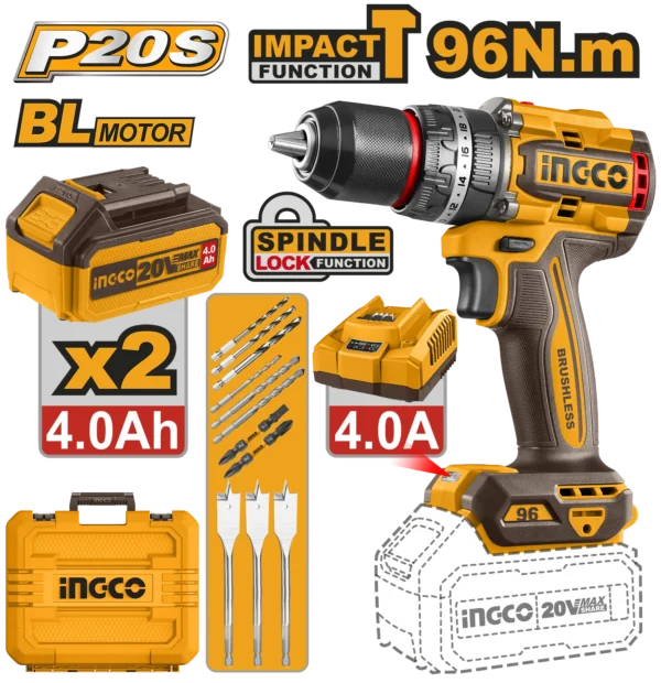 TALADRO DE IMPACTO 1/2" BL 20V 96N.M + 2 BAT 4.0AH + CARG + MALETA