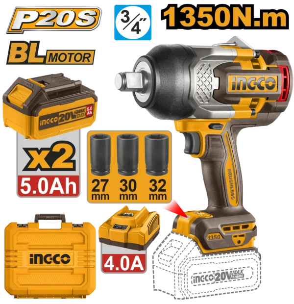LLAVE DE IMPACTO INALAMBRICA 3/4" BL 20V 1350N.M + 2 BAT 5.0AH + CARG + MALETA