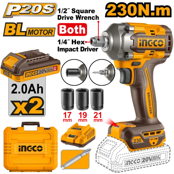 LLAVE DE IMPACTO INALAMBRICA 1/2" BL 20V 230N.M + 2 BAT 2.0AH + CARG + MALETA
