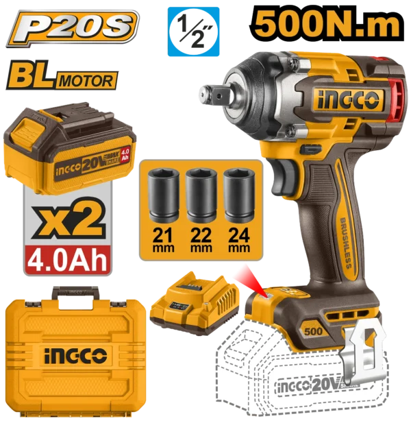 LLAVE DE IMPACTO INALAMBRICA 1/2"" BL 20V 500N.M + 2 BAT 4.0AH + CARG + MALETA