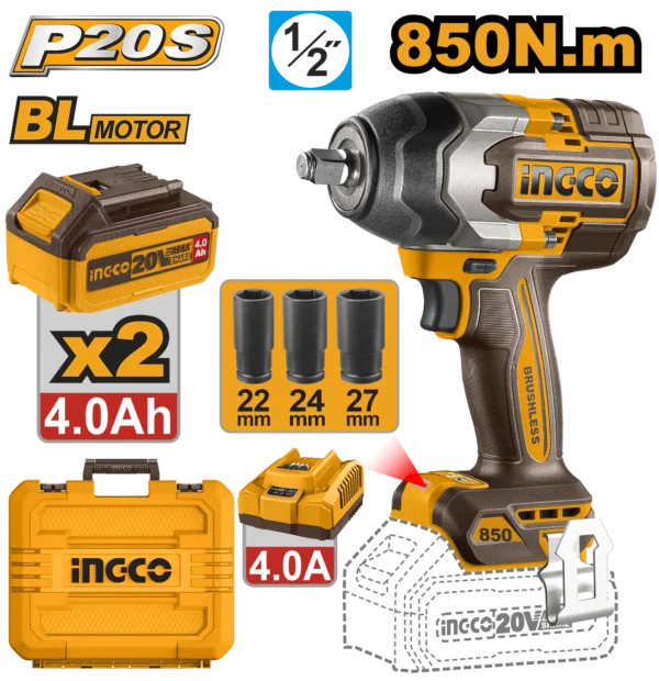 LLAVE DE IMPACTO INALAMBRICA 1/2"" BL 20V 850N.M + 2 BAT 4.0AH + CARG + MALETA