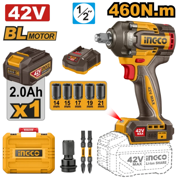 LLAVE DE IMPACTO INALAMBRICA 1/2" BL 42V 460N.M + 1 BAT 2.0AH + CARG + MALETA INGCO