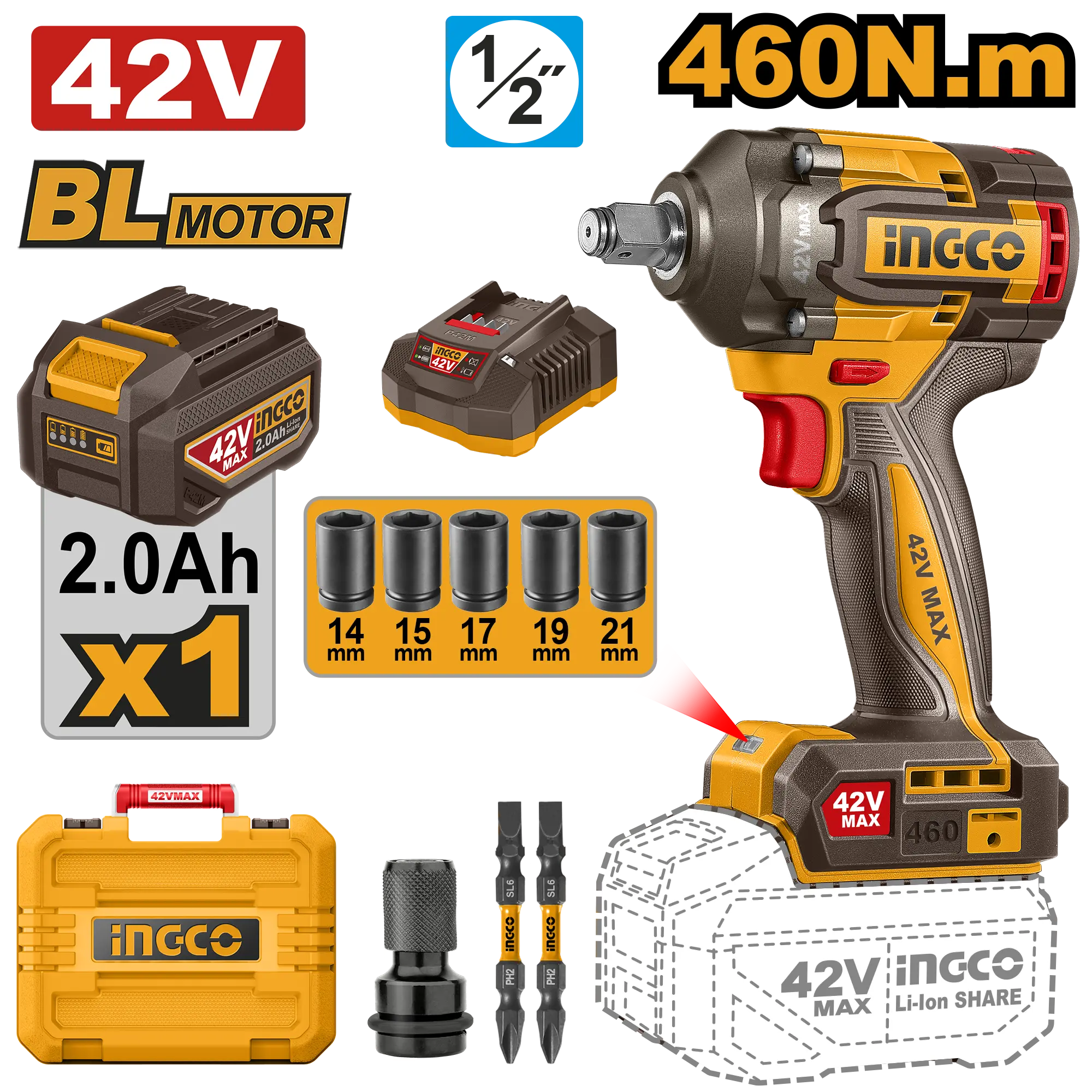 LLAVE DE IMPACTO INALAMBRICA 1/2" BL 42V 460N.M + 1 BAT 2.0AH + CARG + MALETA INGCO