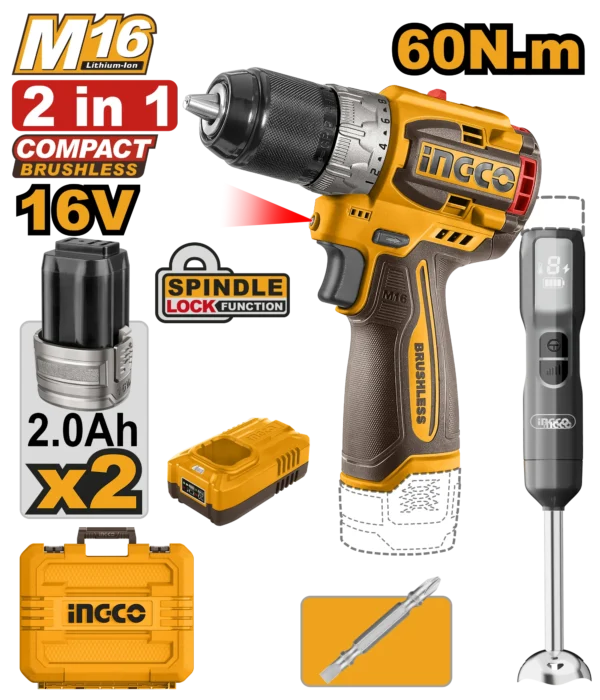 JUEGO COMBINADO DE 2PCS TALADRO INALAMBRICO 1/2" BL 16V 60N.M + BATIDORA + 2 BAT 2.0AH + CARG + MALETA