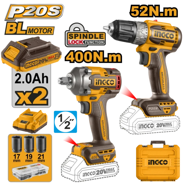 JUEGO COMBINADO DE 2 PIEZAS TALADRO INALAMBRICO 3/8"" BL 20V 52N.M + LLAVE DE IMPACTO 1/2"" BL 20V 400N.M + 2 BAT 2.0AH + CARG + MALETA