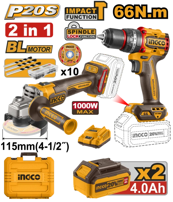 JUEGO COMBINADO DE 2 PIEZAS TALADRO DE IMPACTO 1/2"" BL 20V 66N.M + AMOLADORA ANGULAR 4-1/2 BL 20V 9000RPM + 2 BAT 4.0AH + CARG + MALETA