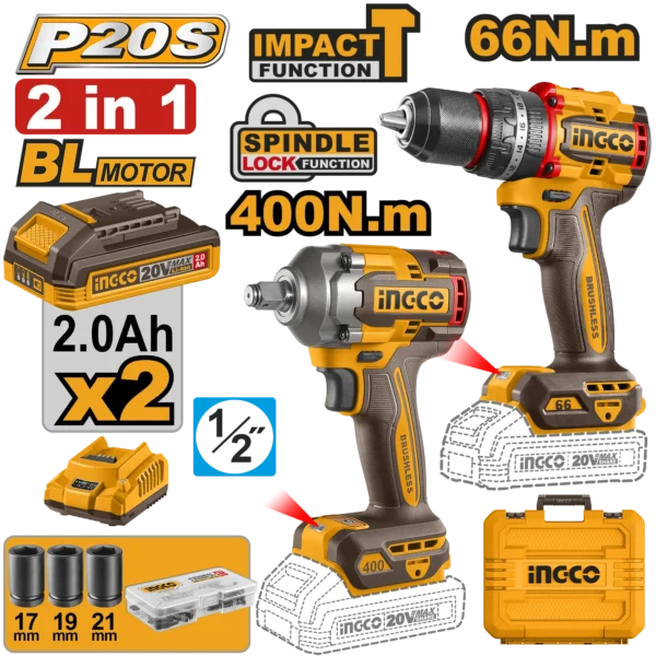 JUEGO COMBINADO DE 2 PIEZAS TALADRO DE IMPACTO 1/2" BL 20V 66N.M + LLAVE DE IMPACTO 1/2 BL 20V 400N.M + 2 BAT 2.0AH + CARG + MALETA