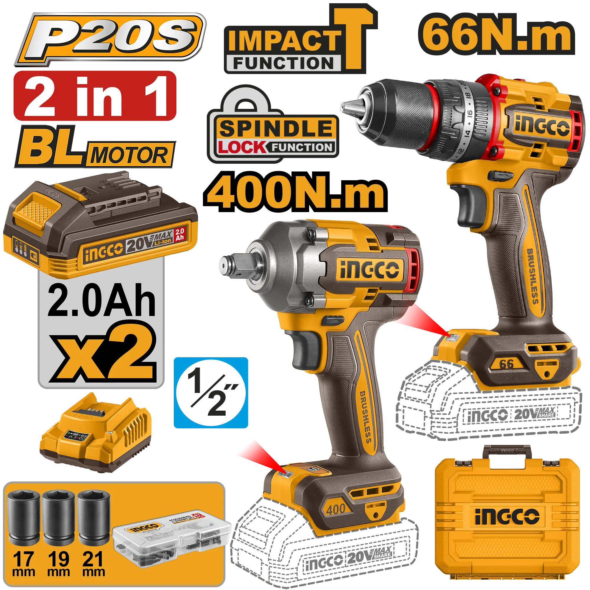 JUEGO COMBINADO DE 2 PIEZAS TALADRO DE IMPACTO 1/2" BL 20V 66N.M + LLAVE DE IMPACTO 1/2 BL 20V 400N.M + 2 BAT 2.0AH + CARG + MALETA INGCO