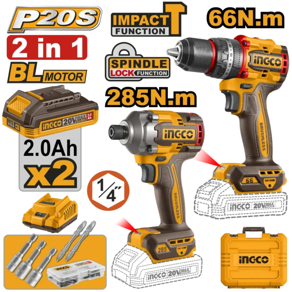 JUEGO COMBINADO DE 2 PIEZAS TALADRO DE IMPACTO 1/2" 20V 66N.M ATORNILLADOR DE IMPACTO 1/4" BL 20V 285N.M + 2 BAT 2.0AH + CARG + MALETA