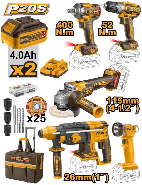 JUEGO COMBINADO DE 5 PIEZAS TALADRO INALAMBRICO 3/8 + LLAVE DE IMPACTO 1/2 + ROTOMARTILLO 2.0J + AMOLADORA ANGULAR 4 1/2 + LAMPARA + 2 BAT 4.0AH + CARG + MALETA
