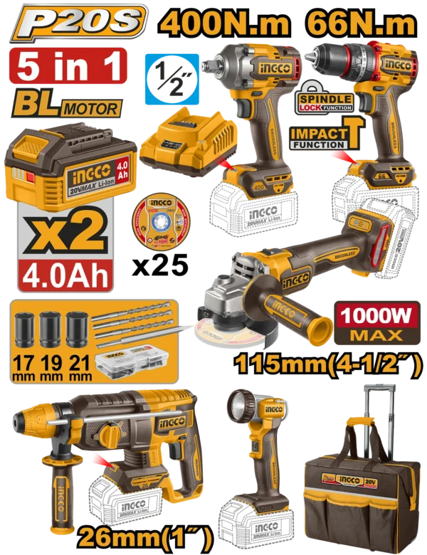 JUEGO COMBINADO DE 5 PIEZAS TALADRO DE IMPACTO 1/2" + LLAVE DE IMPACTO 1/2" + ROTOMARTILLO 2.5J + AMOLADORA ANGULAR 4 1/2 + LAMPARA + 2 BAT 4.0AH + CARG + MALETA