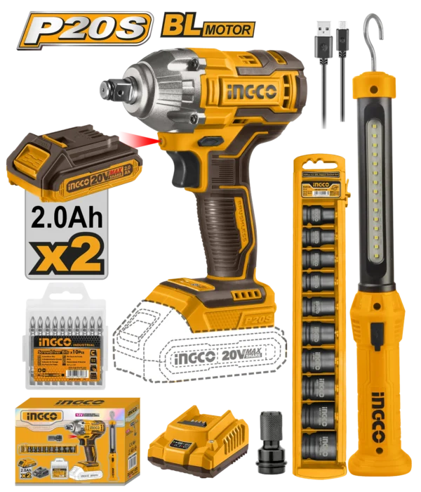 JUEGO COMBINADO DE 2 PIEZAS LLAVE DE IMPACTO INALAMBRICA 1/2"" BL 20V 300N.M + LAMPARA