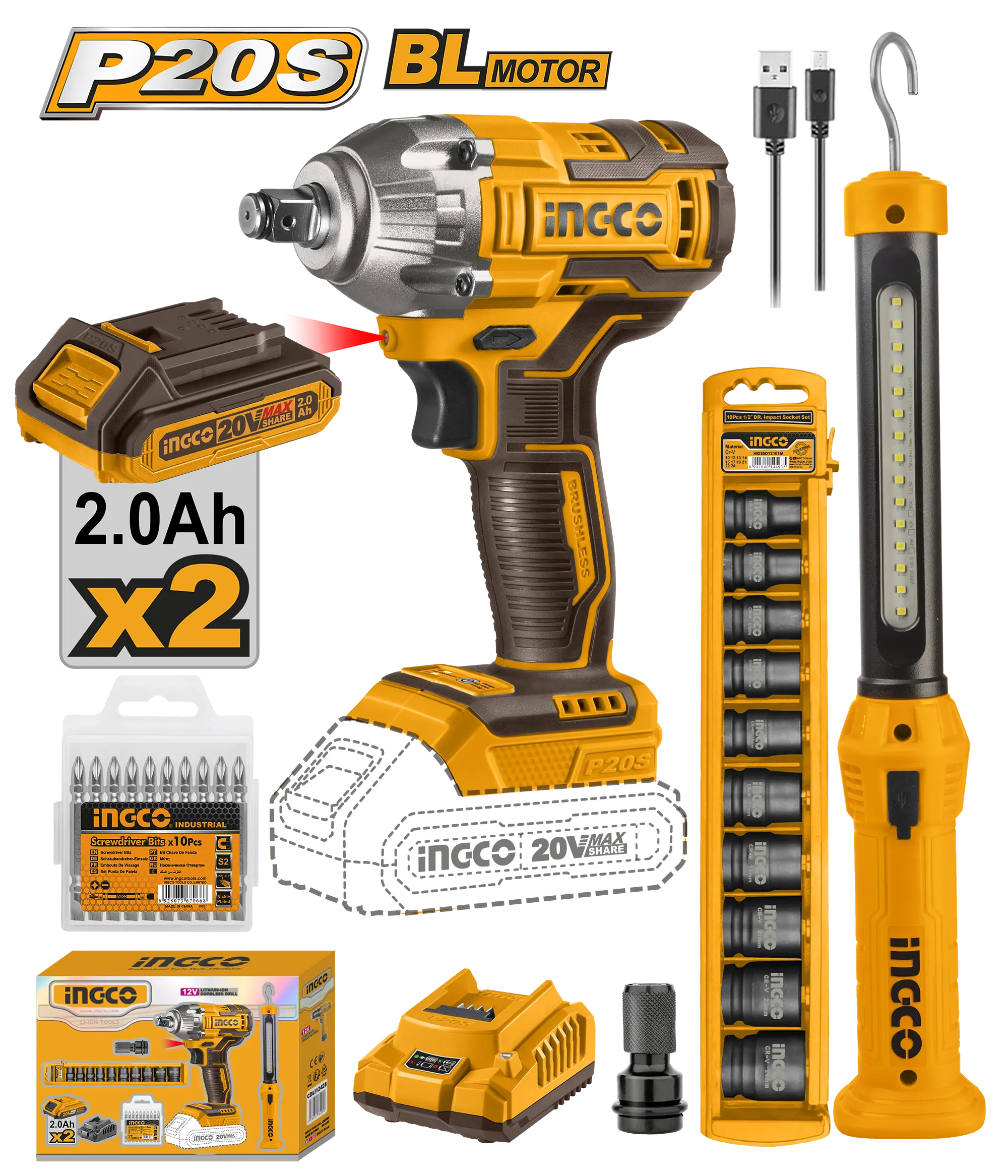 JUEGO COMBINADO DE 2 PIEZAS LLAVE DE IMPACTO INALAMBRICA 1/2"" BL 20V 300N.M + LAMPARA INGCO