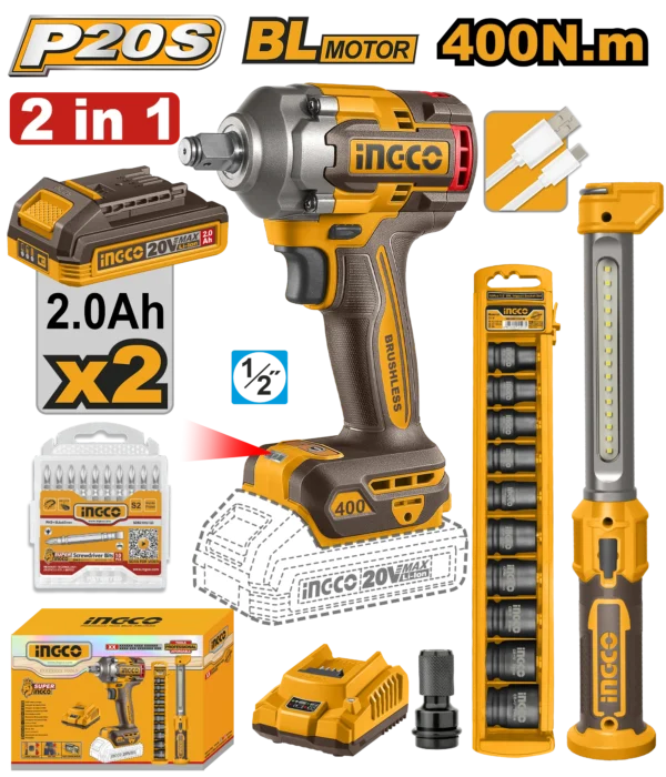 JUEGO COMBINADO DE 2 PIEZAS LLAVE DE IMPACTO INALAMBRICA 1/2'' BL 20V 400N.M + 2 BAT 2.0AH + CARG + LAMPARA