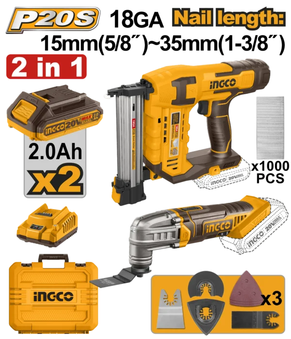 JUEGO COMBINADO DE 2 PIEZAS CLAVADORA INALAMBRICA DE IONES DE LITIO 15-35MM HERRAMIENTA MULTIFUNCION 20V