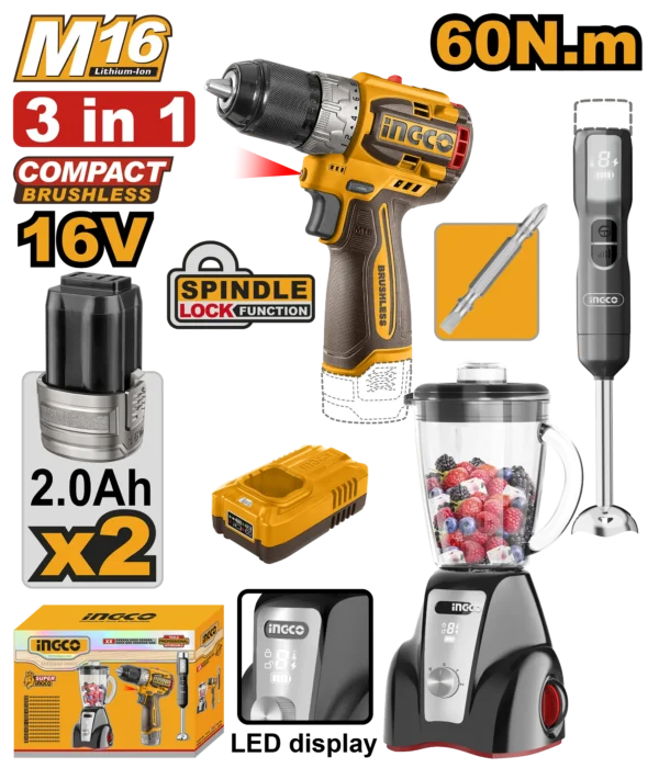 JUEGO COMBINADO DE 3 PIEZAS TALADRO INALAMBRICO 1/2" BL 16V 60N.M + LICUADORA INALAMBRICA 1,5L 16V 300W + BATIDORA DE MANO INALAMBRICA 16V 100W + 2 BAT 2.0AH + CARG