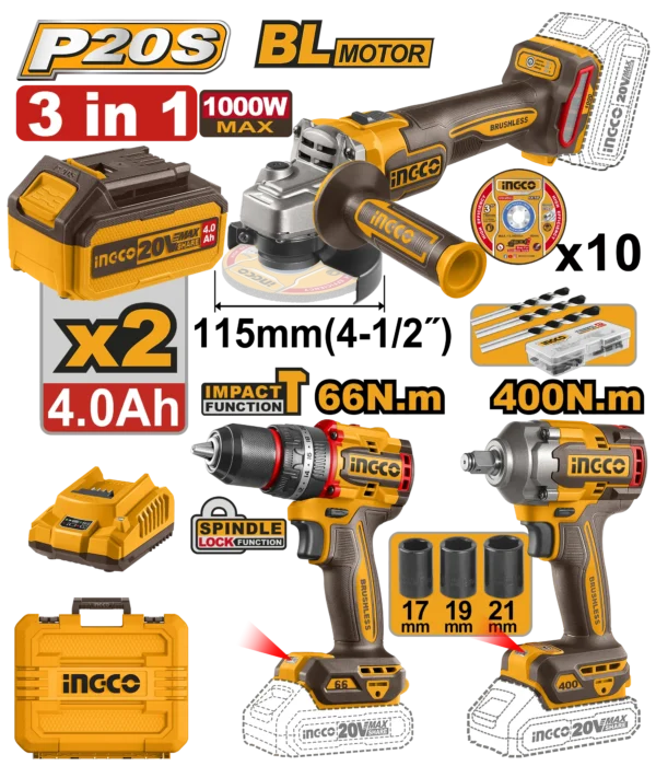 JUEGO COMBINADO DE 3 PIEZAS TALADRO DE IMPACTO 1/2" BL 20V 66N.M + AMOLADORA ANGULAR 4-1/2" BL 20V 9000RPM + LLAVE DE IMPACTO 1/2" BL 20V 400N.M + 2 BAT 4.0AH + CARGADOR + MALETA