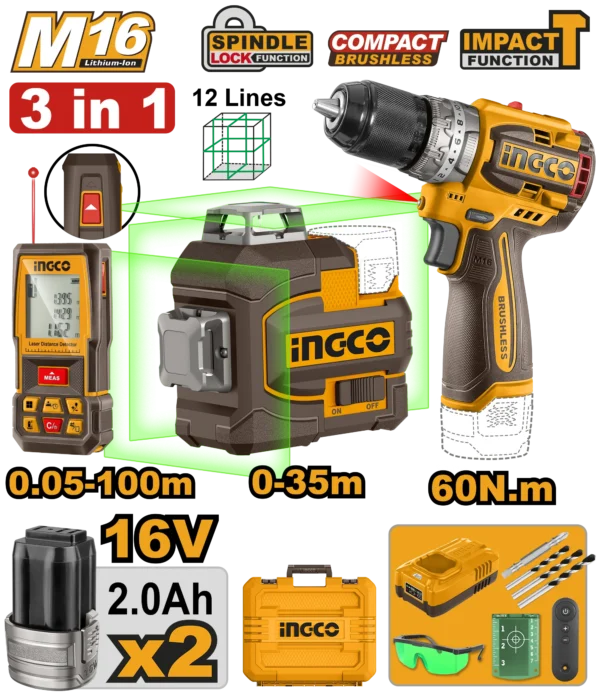 JUEGO COMBINADO DE 3 PIEZAS TALADRO DE IMPACTO 1/2" BL 16V 60N.M + NIVEL DE LASER AUTONIVELANTE(VERDE) 12 LINEAS + MEDIDOR DE DISTANCIA LASER 100M + 2 BAT 2.0AH + CARGADOR + MALETA