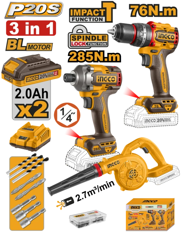 JUEGO COMBINADO DE 3 PIEZAS ATORNILLADOR DE IMPACTO 1/2" BL 20V 285N.M + TALADRO DE IMPACTO 1/2" BL 20V 76N.M + SOPLADOR INALAMBRICO 20V 18000 RPM 2,7M3/MIN + 2 BAT 2.0AH + CARGADOR