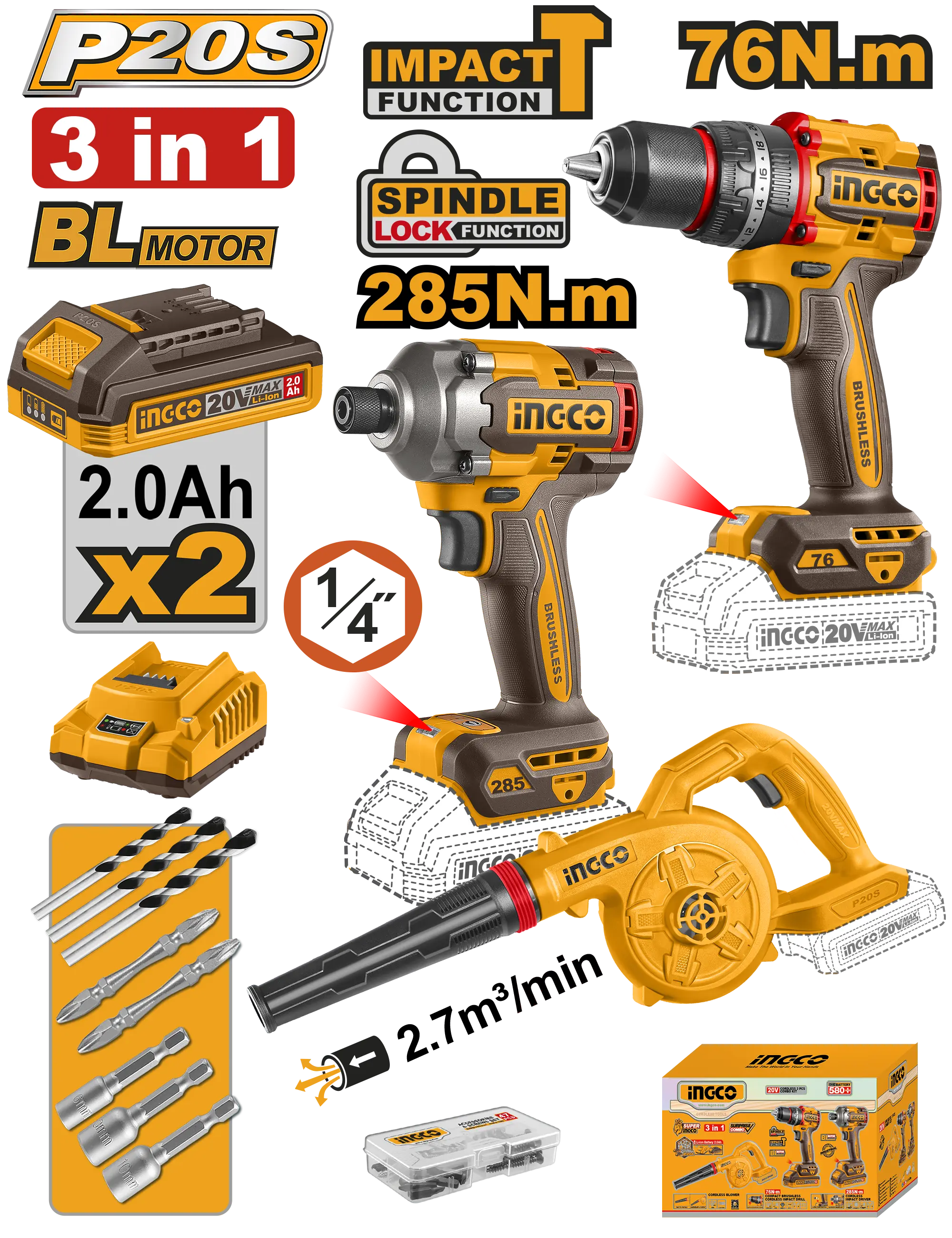 JUEGO COMBINADO DE 3 PIEZAS ATORNILLADOR DE IMPACTO 1/2" BL 20V 285N.M + TALADRO DE IMPACTO 1/2" BL 20V 76N.M +  SOPLADOR INALAMBRICO 20V 18000 RPM 2,7M3/MIN INGCO + 2 BAT 2.0AH + CARGADOR INGCO