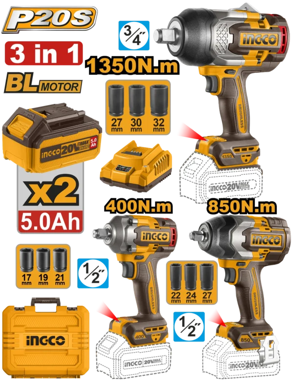 JUEGO COMBINADO DE 3 PIEZAS LLAVE DE IMPACTO 3/4" BL 20V 1350N.M + LLAVE DE IMPACTO 1/2" BL 20V 850N.M + LLAVE DE IMPACTO 1/2" BL 20V 400N.M + 2 BAT 5.0AH + CARGADOR + MALETA INGCO