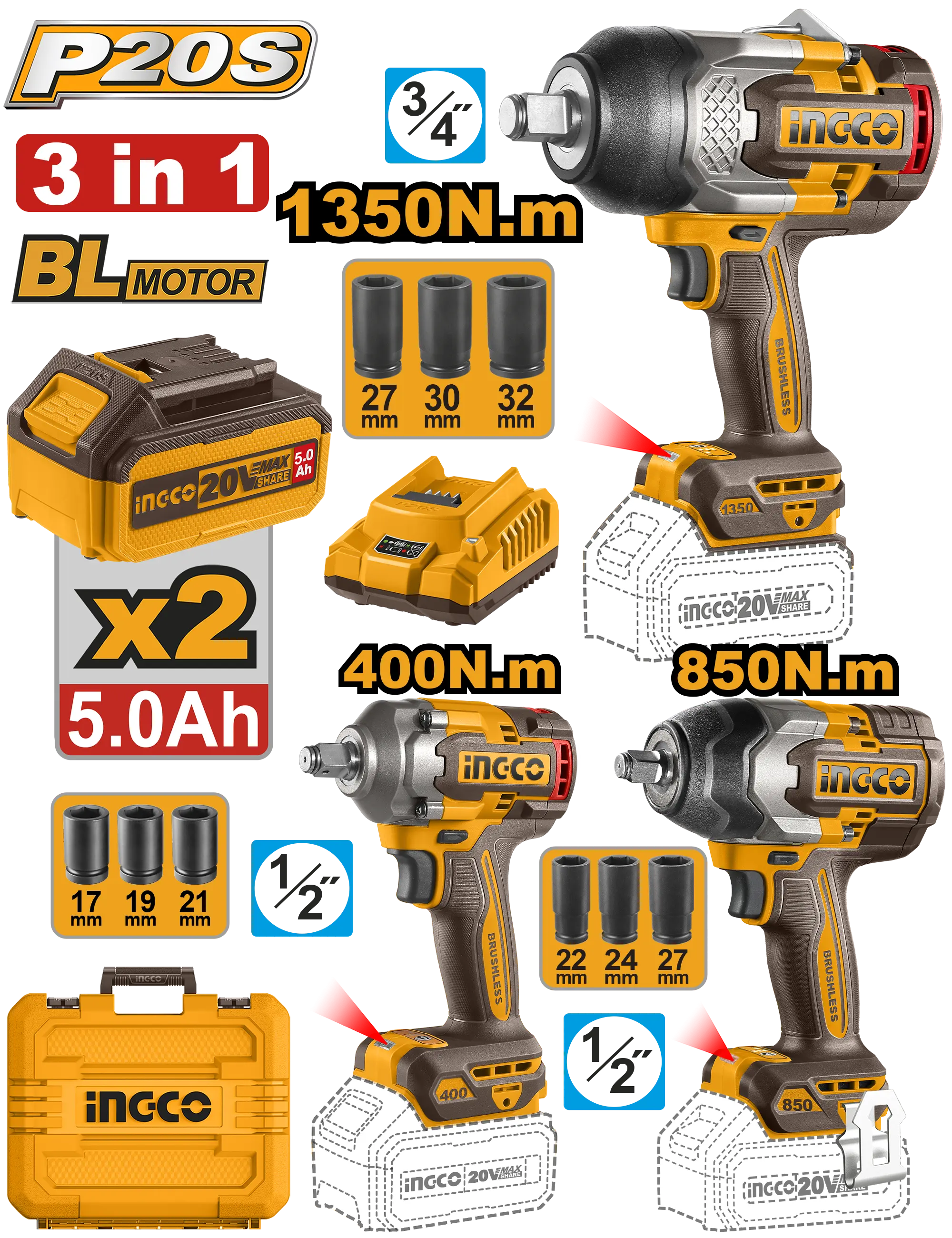JUEGO COMBINADO DE 3 PIEZAS LLAVE DE IMPACTO 3/4" BL 20V 1350N.M + LLAVE DE IMPACTO 1/2" BL 20V 850N.M +  LLAVE DE IMPACTO 1/2" BL 20V 400N.M + 2 BAT 5.0AH + CARGADOR + MALETA INGCO