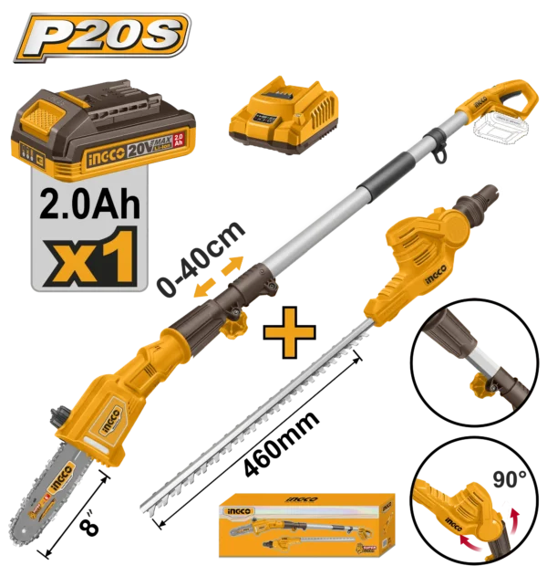 RECORTADORA DE SETOS + MOTOSIERRA DE ALTURA 20V + 1 BAT 2.0AH + CARG INGCO