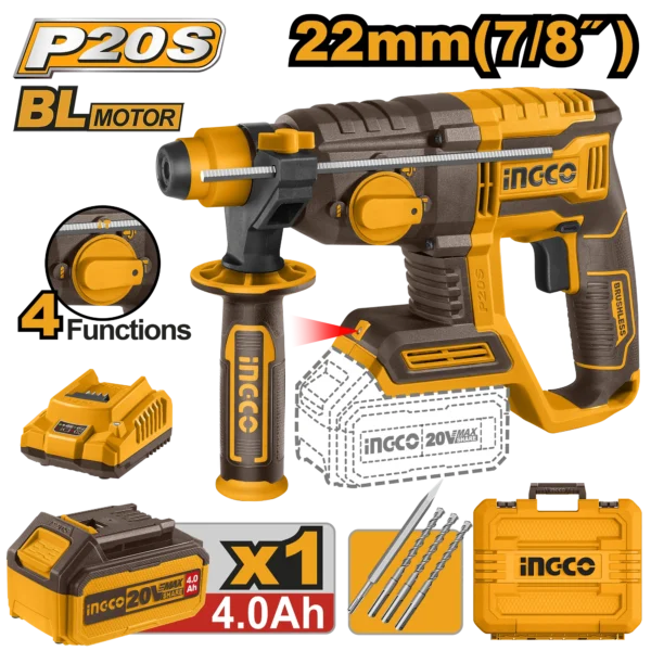 ROTOMARTILLO 7/8"" BL 20V 2,0J + 1 BAT 4.0AH + CARG + MALETA