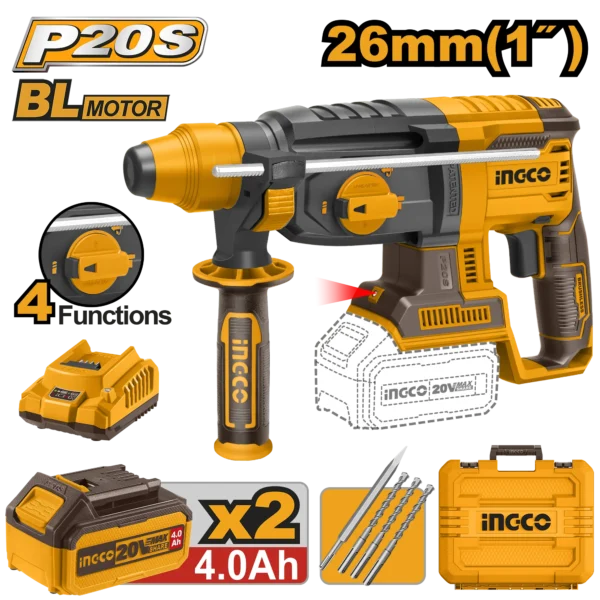 ROTOMARTILLO 1"" BL 20V 2,5J + 2 BAT 4.0AH + CARG + MALETA INGCO