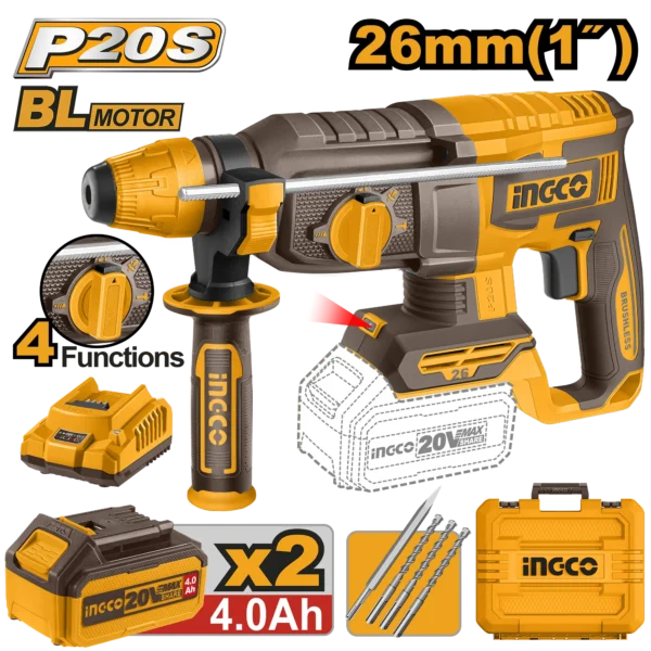 ROTOMARTILLO 1" BL 20V 2,5J + 2 BAT 4.0AH + CARG + MALETA INGCO