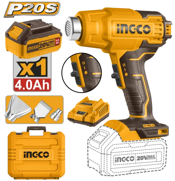 PISTOLA DE CALOR INALAMBRICA 20V 300/550 °C + 1 BAT 4.0AH + CARG + MALETA