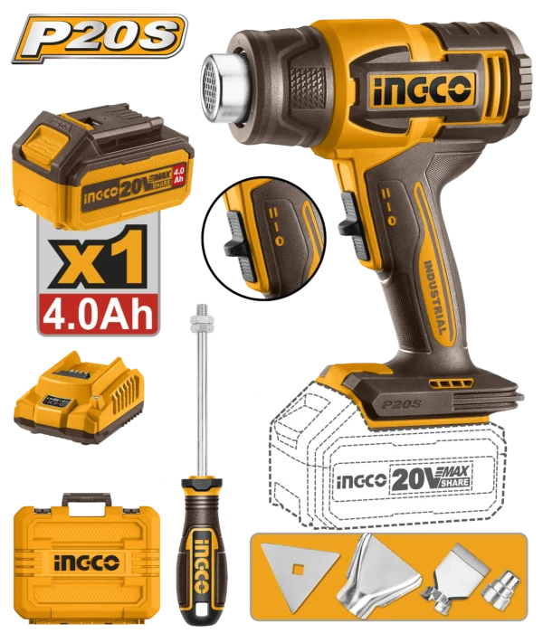 PISTOLA DE CALOR INALAMBRICA 20V 300/550 °C + 1 BAT 4.0AH + CARG + MALETA