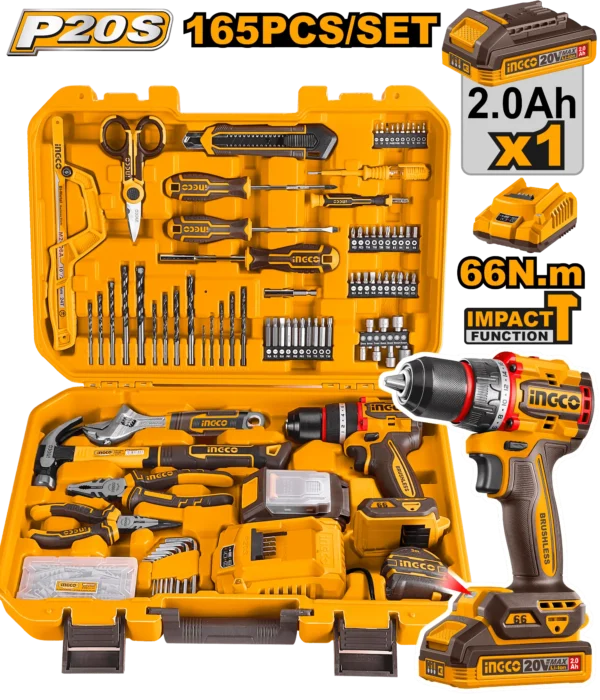 JUEGO DE HERRAMIENTAS 165 PIEZAS CON TALADRO DE IMPACTO 66N.M