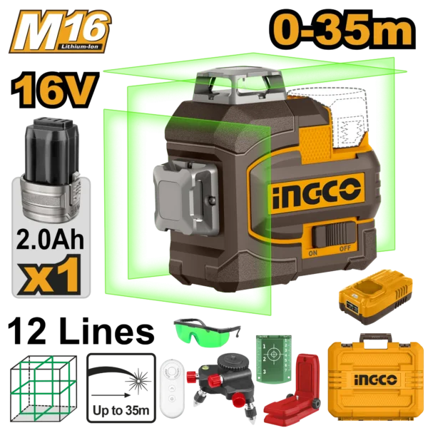 LASER DE LINEA AUTONIVELANTE LUZ VERDE 12 LINEAS 35M 16V + 1 BAT 2.0AH + CARGADOR + MALETA