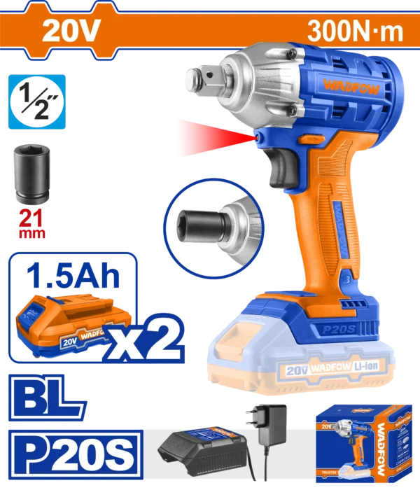 LLAVE DE IMPACTO INALAMBRICA 1/2"" BL 20V 300N.M + 2 BAT 1.5AH + CARG WADFOW