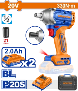 LLAVE DE IMPACTO INALAMBRICA 1/2" BL 20V 330N.M + 2 BAT 2.0AH + CARG + MALETA WADFOW