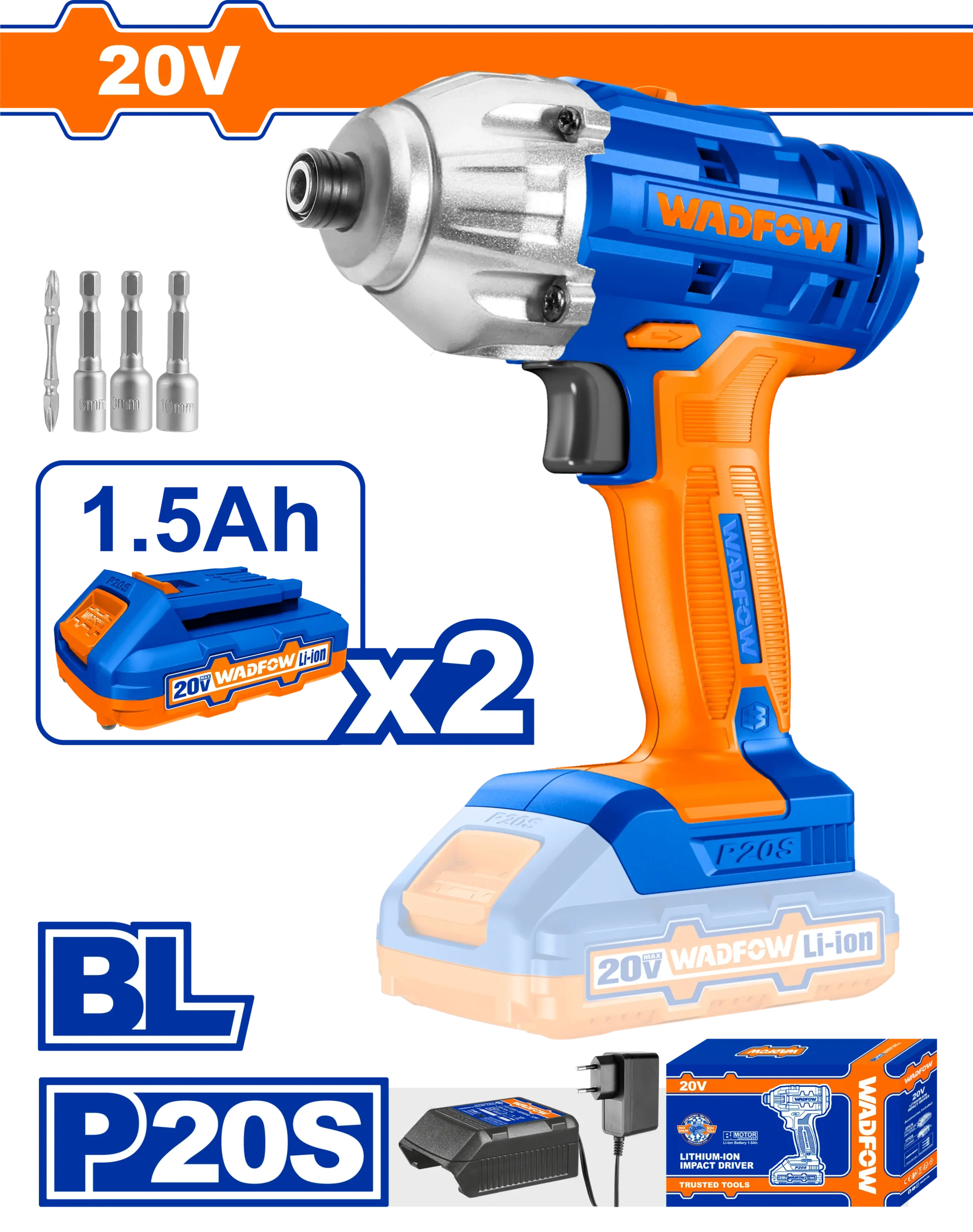 ATORNILLADOR DE IMPACTO INALÁMBRIC0 1/4" BL 20V 170N.M + 2 BAT 1.5AH + CARG WADFOW