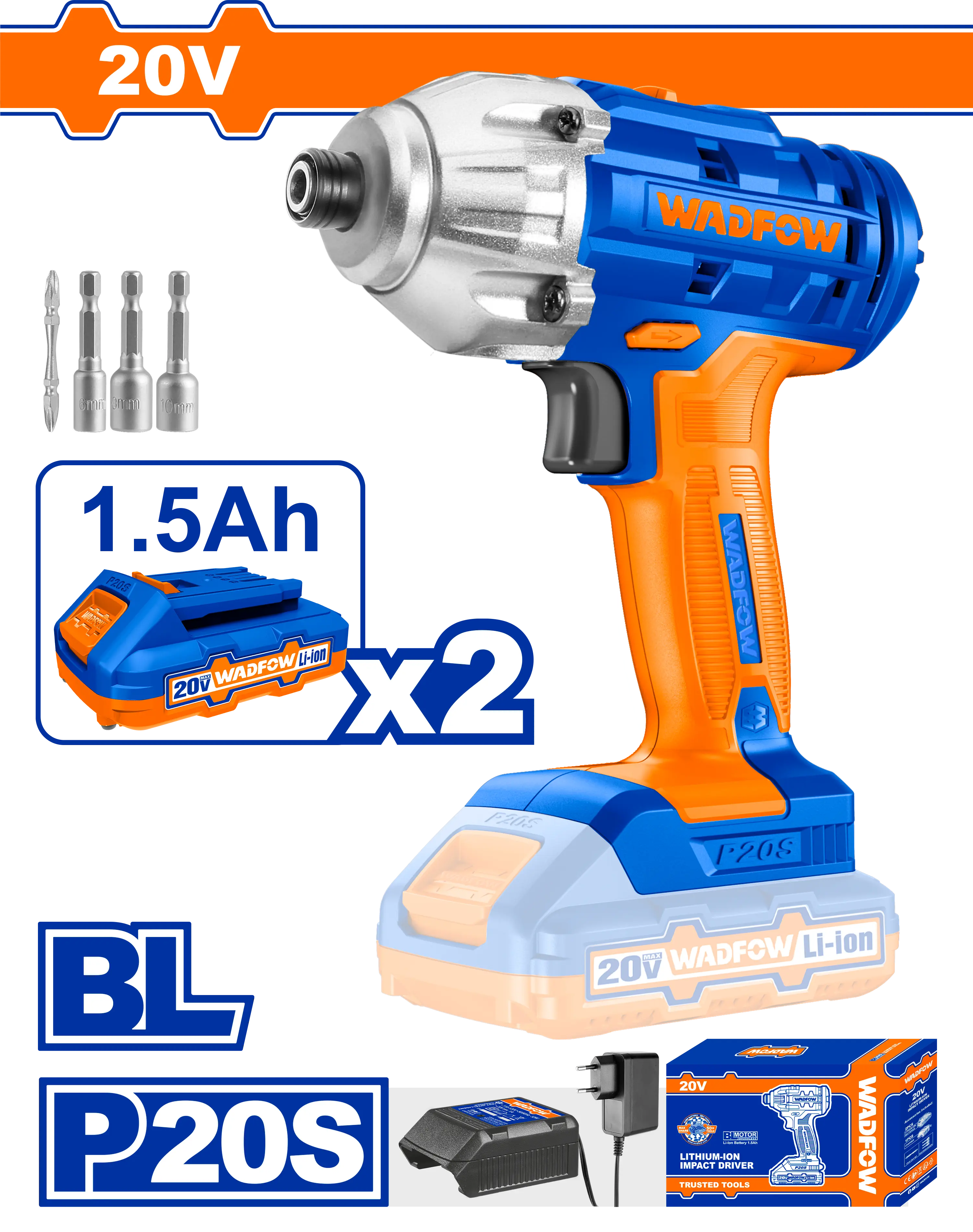 LLAVE DE IMPACTO+ATOR INALÁMBRICA 1/4" BL 20V 170N.M + 2 BAT 1.5AH + CARG WADFOW