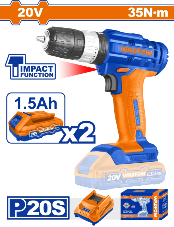 TALADRO INALAMBRICO 3/8"" 20V 35N.M + 2 BAT 1.5AH + CARG WADFOW