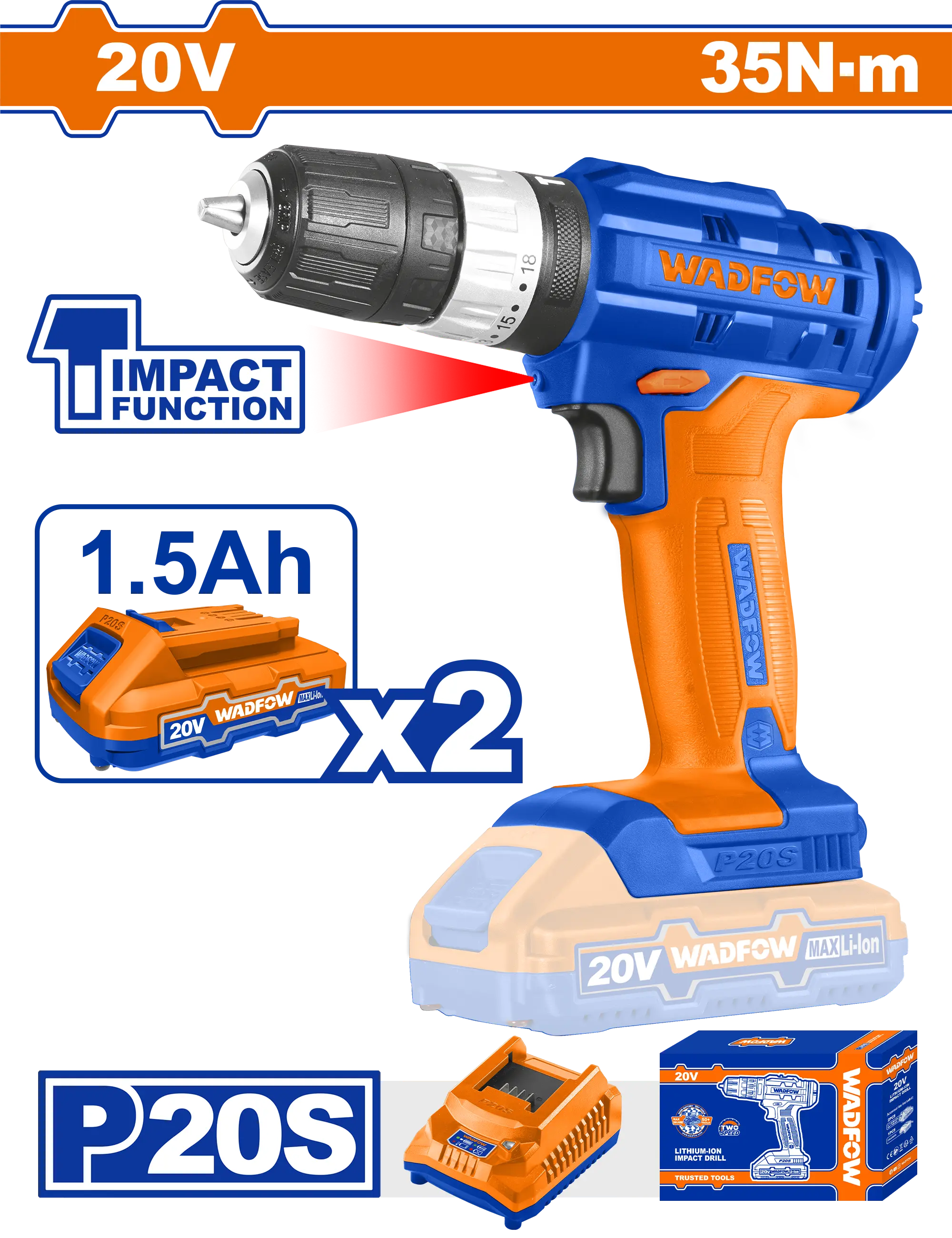 TALADRO INALAMBRICO 3/8"" 20V 35N.M + 2 BAT 1.5AH + CARG WADFOW