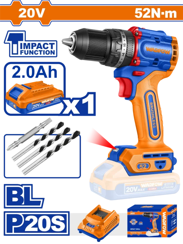 TALADRO DE IMPACTO 1/2" 20V 52N.M + 1 BAT 2.0AH + CARG WADFOW