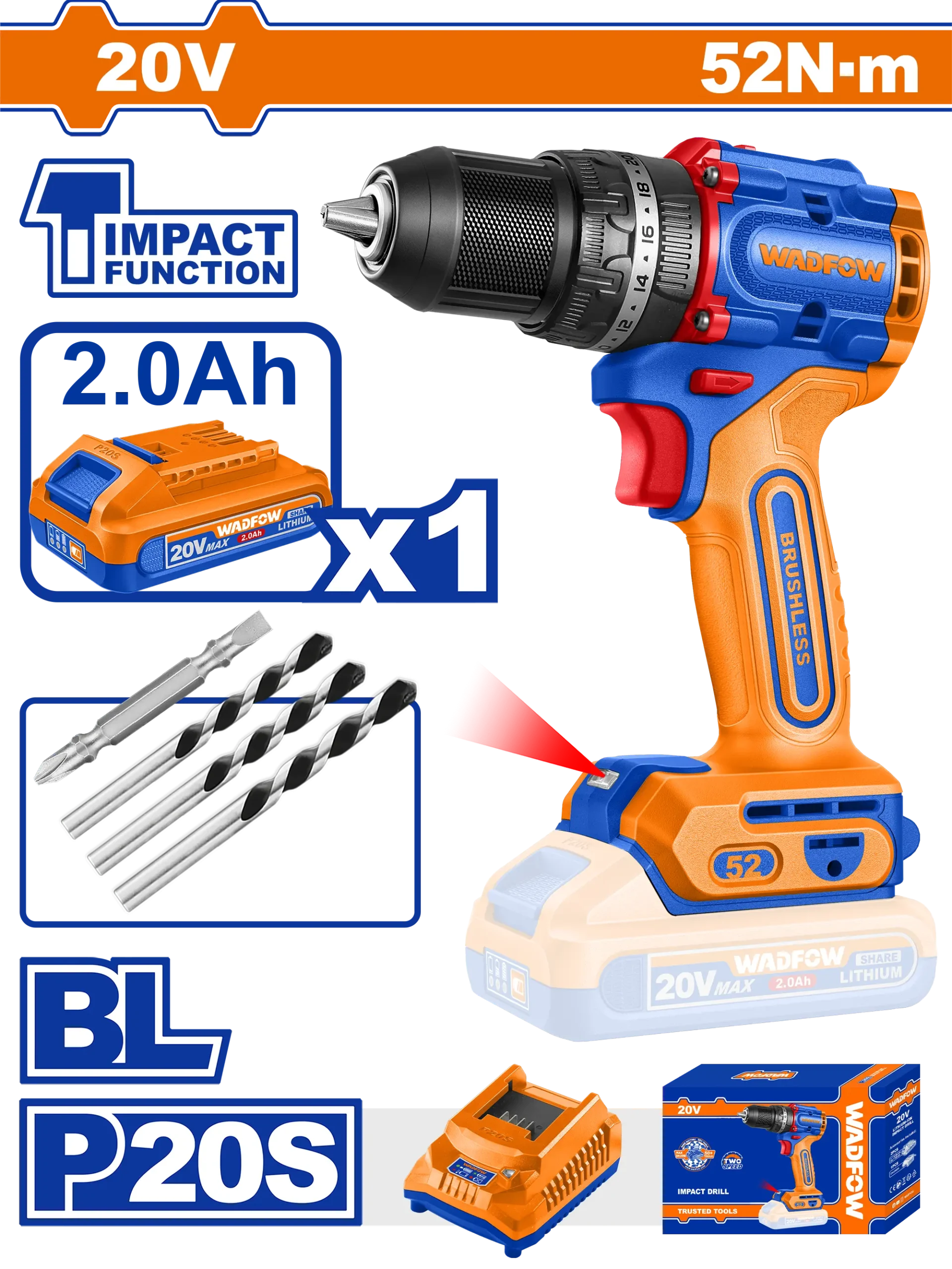 TALADRO DE IMPACTO 1/2" 20V 52N.M + 1 BAT 2.0AH + CARG WADFOW