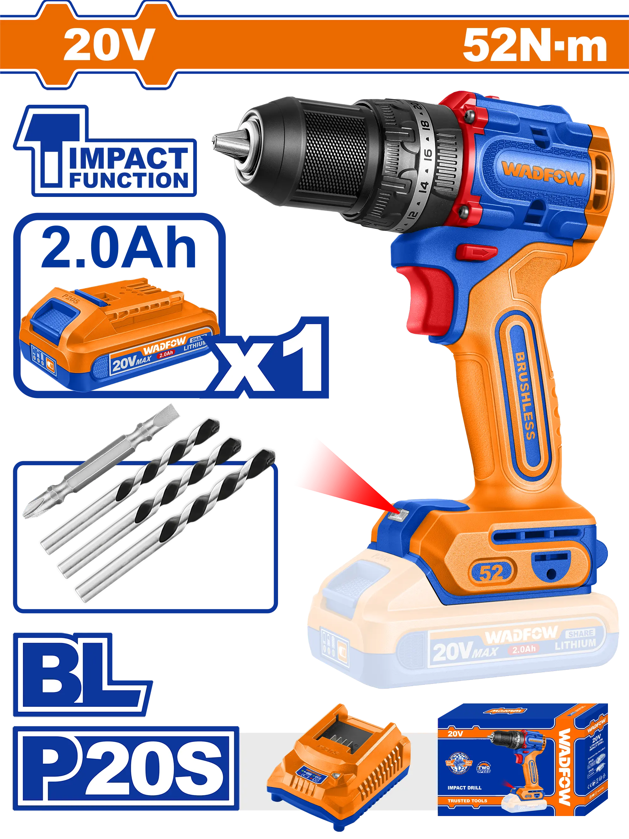 TALADRO DE IMPACTO 1/2" 20V 52N.M + 1 BAT 2.0AH + CARG WADFOW