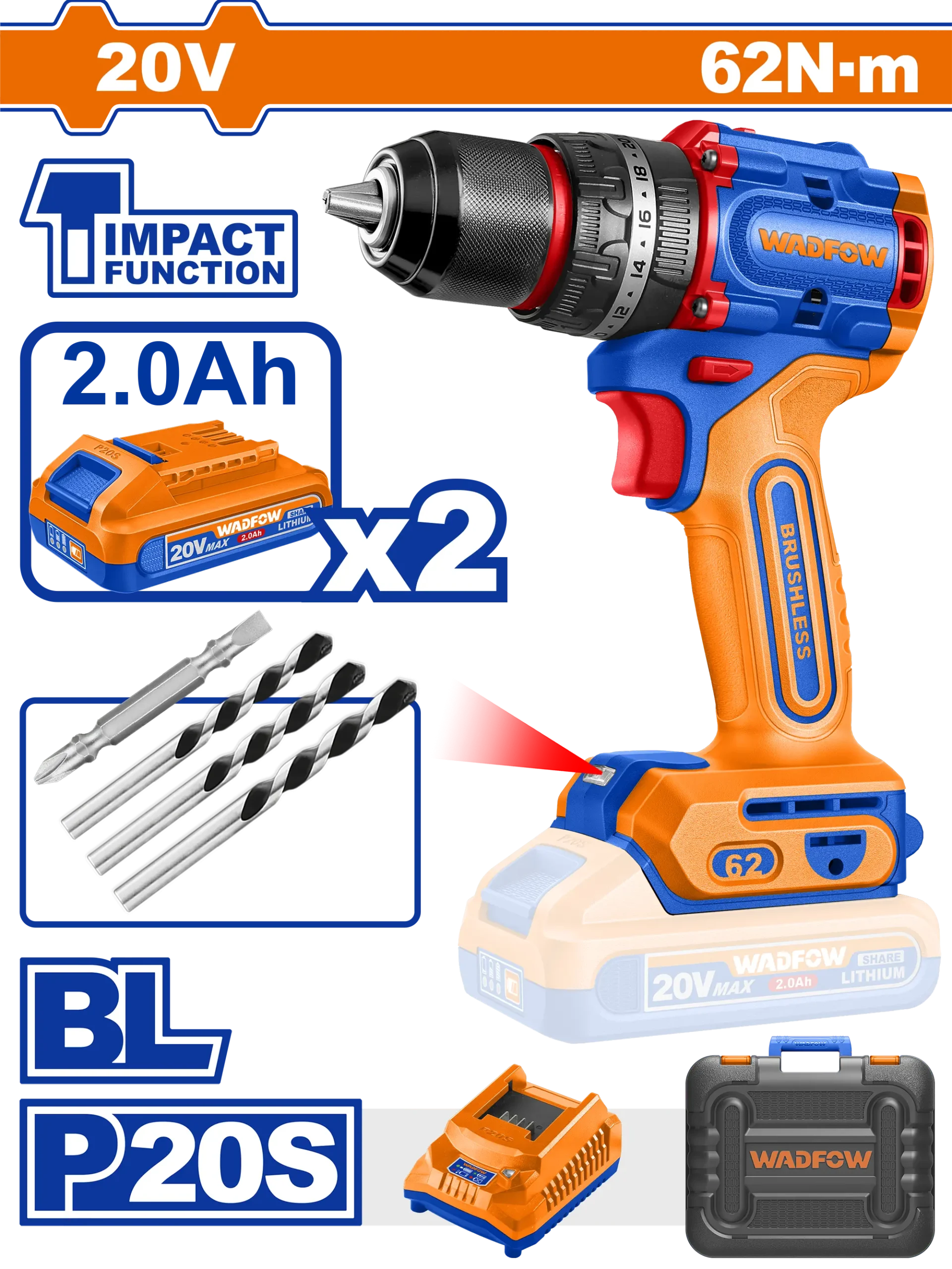 TALADRO DE IMPACTO 1/2" 20V 62N.M + 2 BAT 2.0AH + CARG + MALETA WADFOW