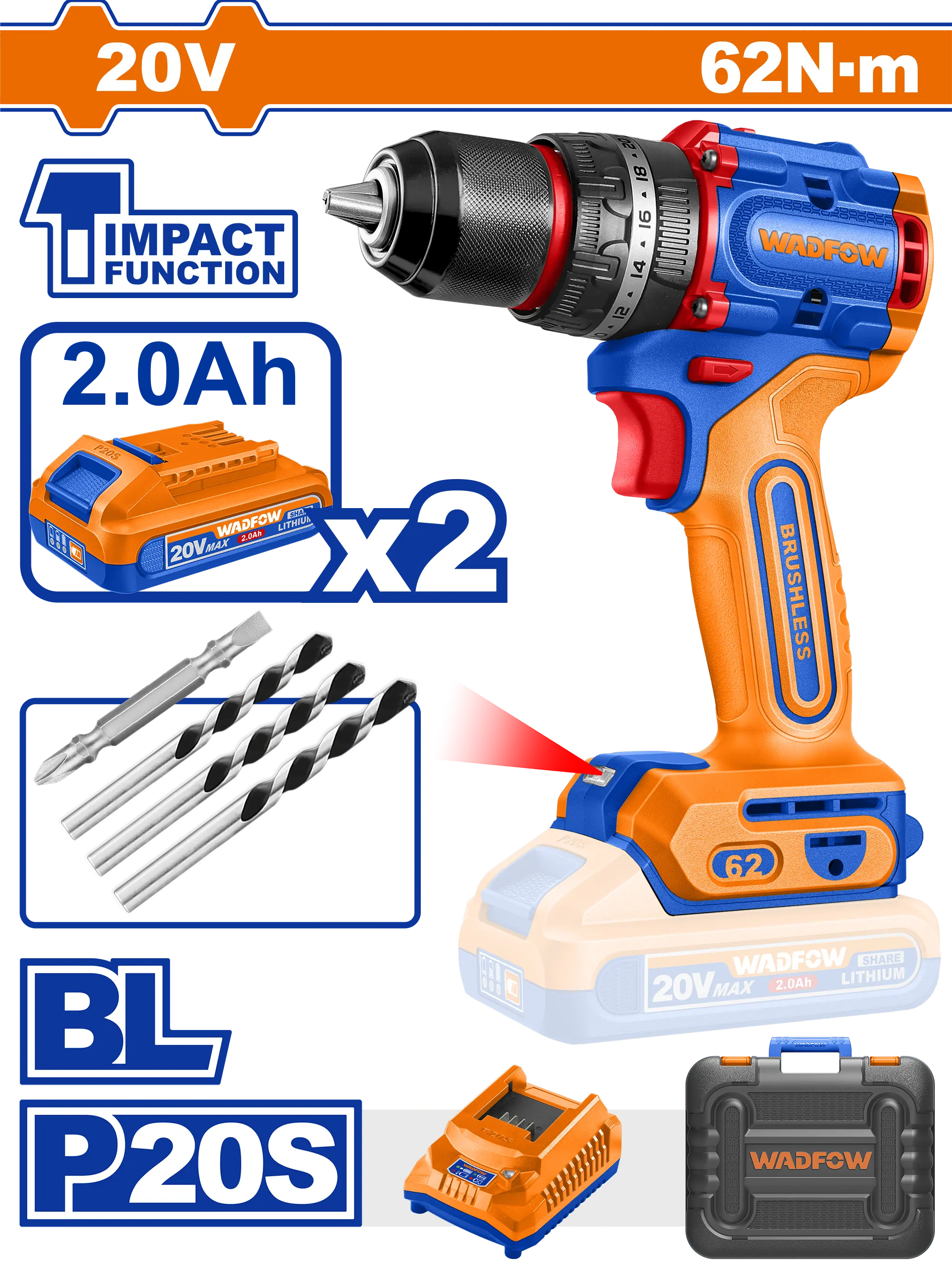 TALADRO DE IMPACTO 1/2" 20V 62N.M + 2 BAT 2.0AH + CARG + MALETA WADFOW