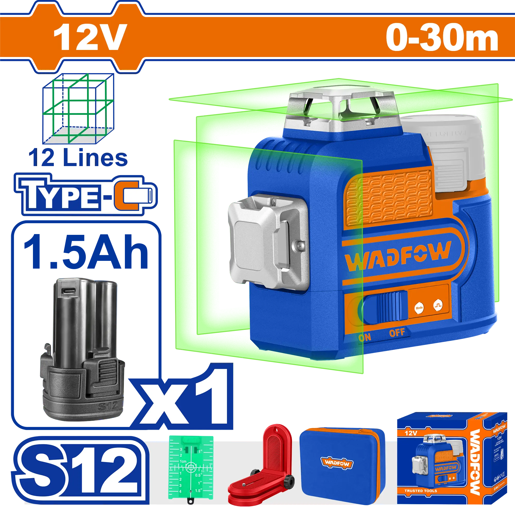 LASER DE LINEA AUTONIVELANTE LUZ VERDE 2 LINEAS 3D 12V WADFOW