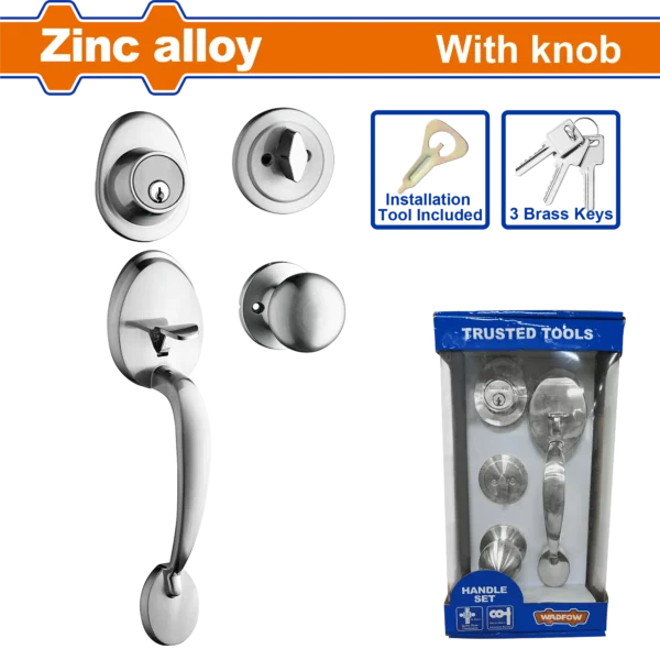 JUEGO DE CERRADURAS CON CILINDRO SIMPLE Y POMO INTERIOR NIQUEL SATINADO